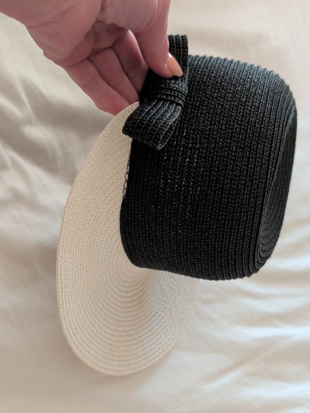 Two-Tone Black and White Straw Sun Visor with Bow